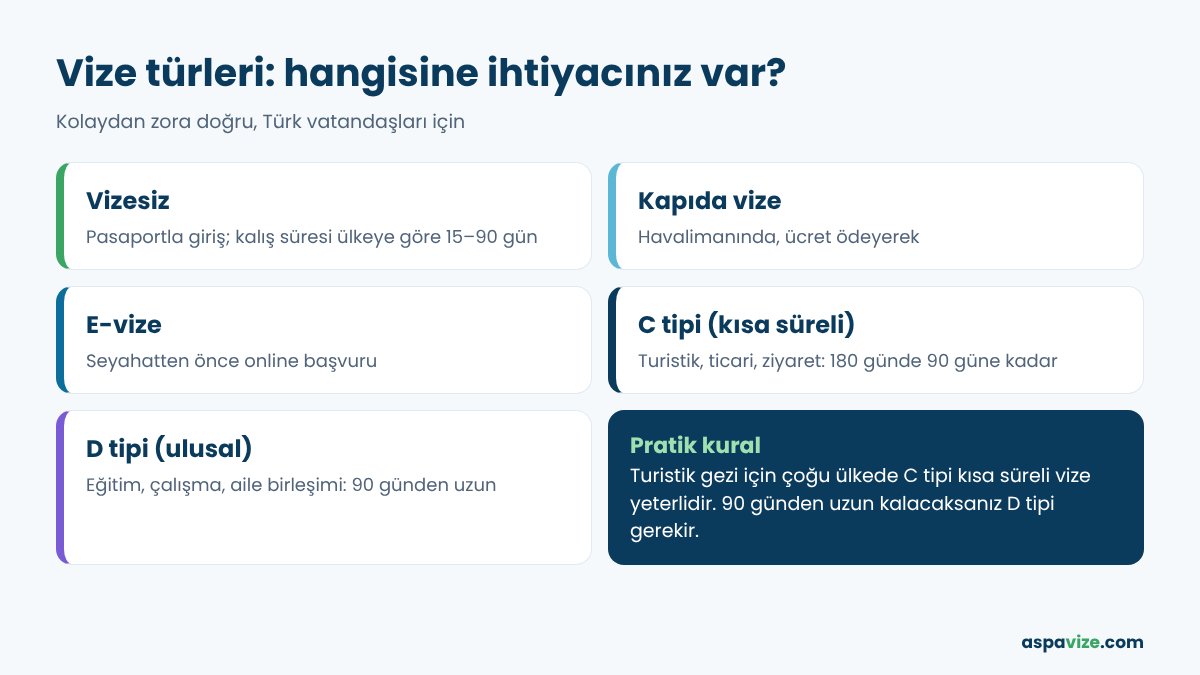 Vize türleri infografiği: vizesiz, kapıda vize, e-vize, C tipi, D tipi